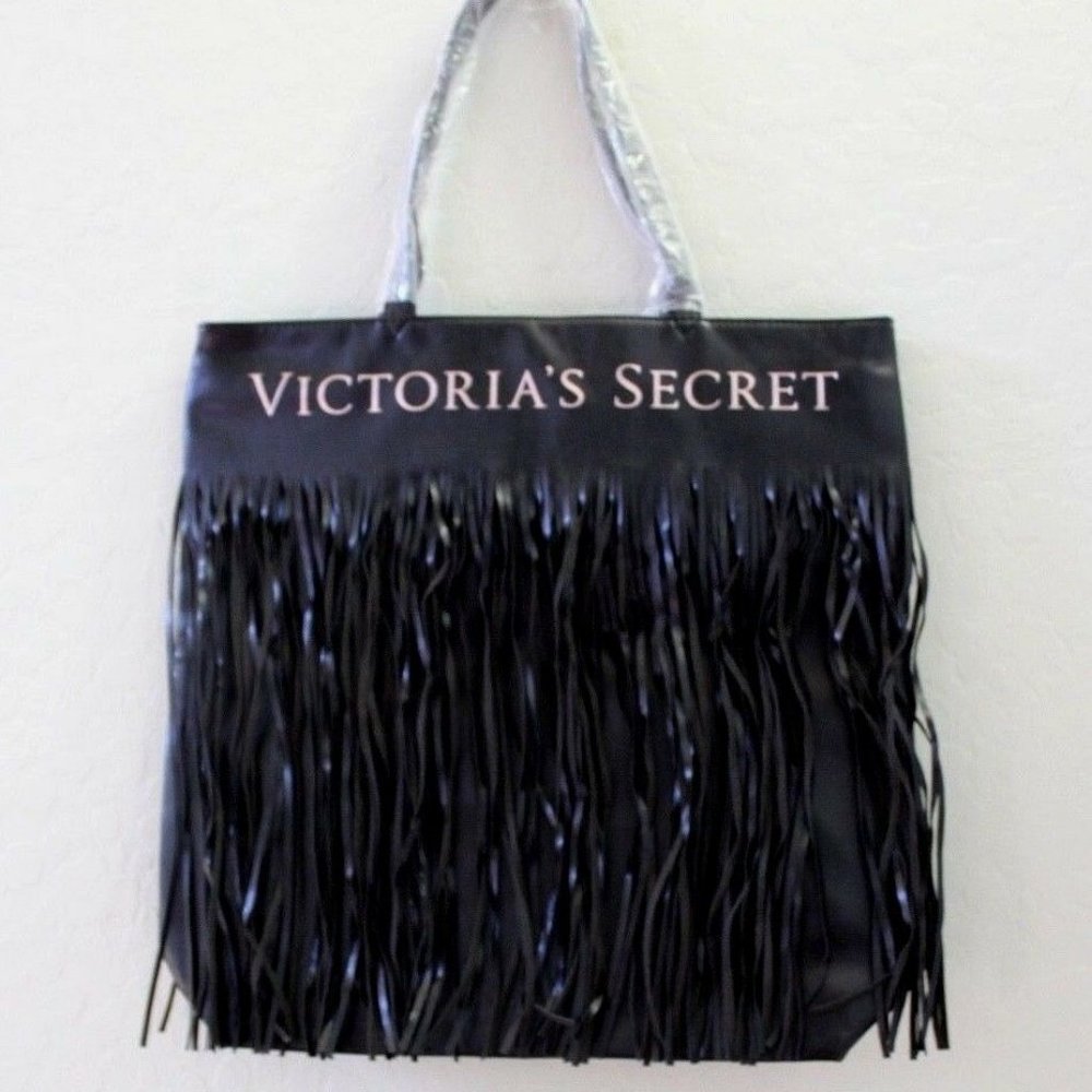 Victoria's Secret Flirty Fringe Faux Leather Logo Black Tote